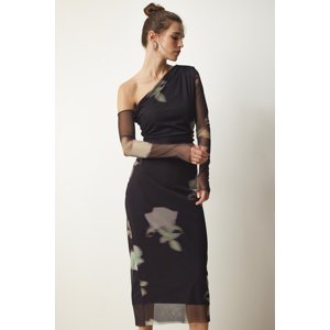Happiness İstanbul Women's Black One-Shoulder Patterned Chiffon Dress