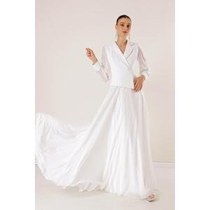 By Saygı Double Breasted Neck Stone Detailed Lined Chiffon Long Dress with Sleeves and Skirt