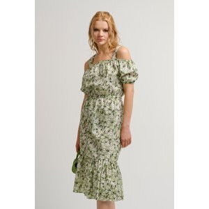 armonika Women's Green Patterned Elastic Waist Strap Dress