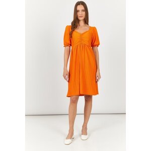 armonika Women's Orange Front Gathered Elastic Sleeve Midi Length Dress