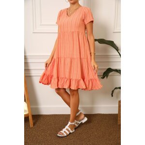 armonika Women's Orange V-Neck Gathered Short Sleeve Frilly Dress