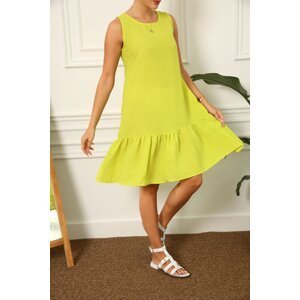 armonika Women's Neon Green Linen Look Textured Sleeveless Dress with Frill Skirt