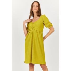 armonika Women's Oil Green Midi Length Dress with Pleated Front and Elasticated Sleeves