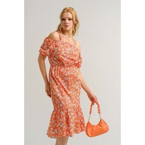 armonika Women's Orange Patterned Waist Elastic Strap Dress