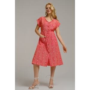armonika Women's Pomegranate Flower Patterned V-Neck Buttoned Midi Length Dress