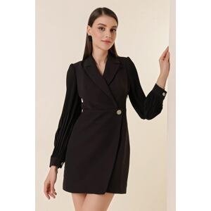 By Saygı Double Breasted Neck Sleeves Chiffon Lined Dress Black