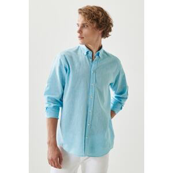 AC&Co / Altınyıldız Classics Men's Turquoise Comfort Fit Relaxed Cut Linen Buttoned Collar Casual Shirt