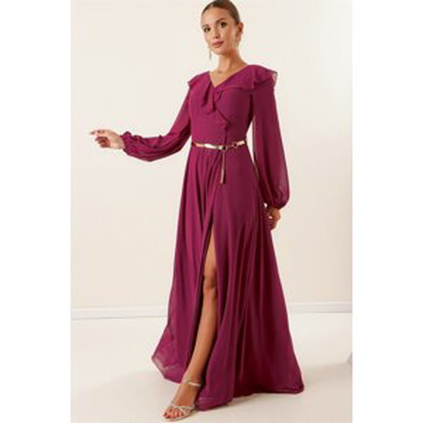 By Saygı Belted Chiffon Long Dress with Flounce Front Balloon Sleeves