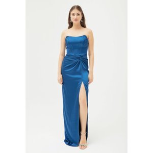 Lafaba Women's Indigo Double Breasted Lined Satin Long Evening Dress with Woven Corset Detail