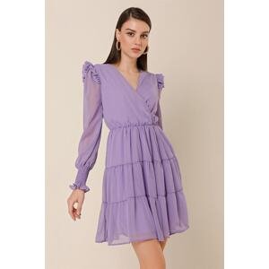 By Saygı Double Breasted Collar Lined Chiffon Dress with Ruffled Sleeves