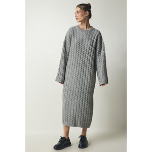 Happiness İstanbul Women's Gray Knitted Detailed Thick Oversize Knitwear Dress