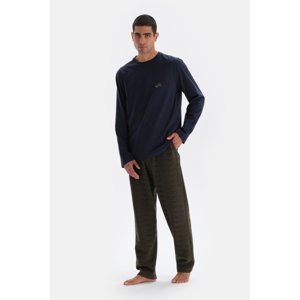 Dagi Navy Blue Crew Neck Knitted Pajama Set with Embroidery Detail