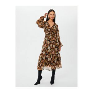 Koton Midi Chiffon Dress Floral Balloon Sleeve V Neck Gimped