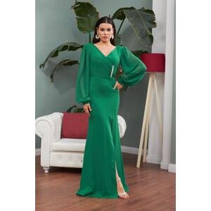 Carmen Emerald Chiffon Buckle Detailed Long Evening Dress