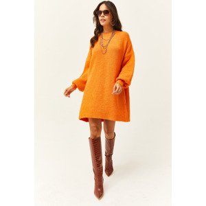 Olalook Women's Orange Crew Neck Balloon Sleeve Soft Textured Knitwear Tunic Dress