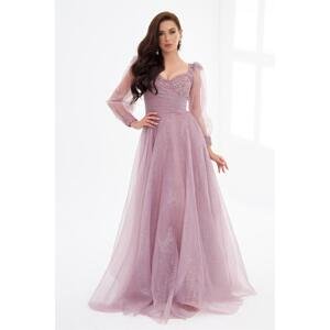 Carmen Lavender Glitter Tulle Front Embroidered Long Sleeve Engagement Dress