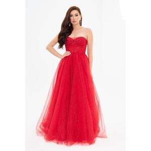 Carmen Red Lurex Tulle Embroidered Strapless Engagement Dress