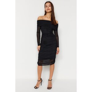 Trendyol Black Carmen Collar Fitted Tulle Lined Midi Gathered Knitted Dress