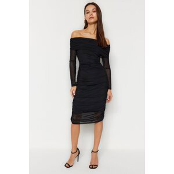 Trendyol Black Carmen Neckline Fitted Tulle Lined Midi Gathered Knitted Dress