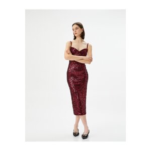 Koton Sequined Dress Midi Length Double Strap Heart Neck Slit Detailed