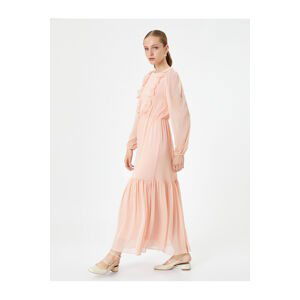 Koton Chiffon Long Dress Balloon Sleeve Frilly Crew Neck