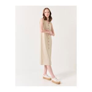 Jimmy Key Stone V-Neck Buttoned Front Sleeveless Linen Dress