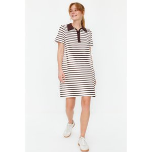 Trendyol Brown and White Striped Polo Neck A-Line/A-Line Form Knitted Dress