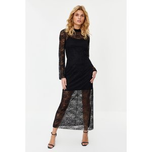 Trendyol Black Lace Stand Collar Bodycone/Fitted Stretch Knitted Maxi Dress