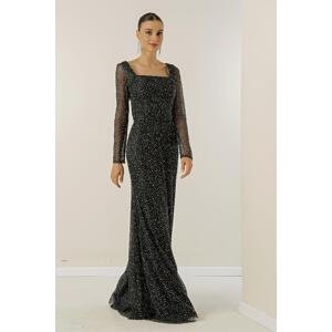 By Saygı Square Neck Lined Long Dress with Cut Stones