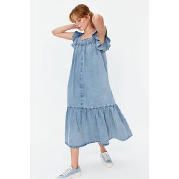 Trendyol Light Blue Frilly Oversize Maxi Denim Dress