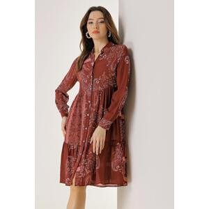 By Saygı Front Buttoned Shawl Patterned Pleated Viscose Crepe Dress