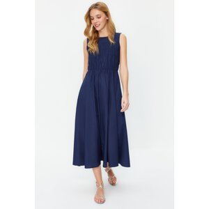 Trendyol Navy Blue Skirt Waist Opening Gipe Detail 100% Cotton Poplin Midi Woven Dress