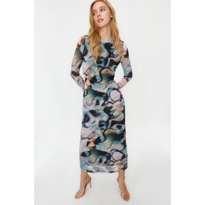 Trendyol Blue Decollete Decollete Long Sleeve Printed Tulle Stretch Knitted Dress