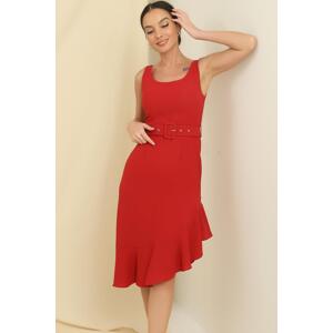 By Saygı Flounce Side Waist Belt Lined Crepe Dress