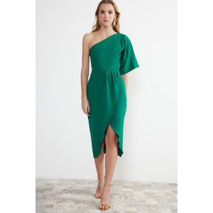 Trendyol smaragdovo zelené šaty s otvoreným pásom/skater tkané midi šaty