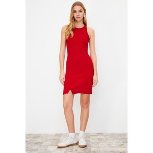 Trendyol Red Slit Detail Fitted Halter Neck Mini Ribbed Flexible Knit Dress