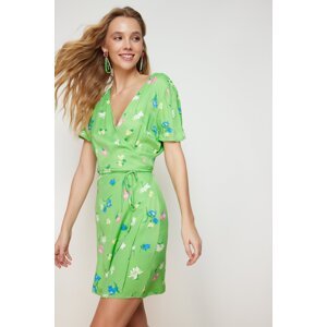 Trendyol Green A-line Deep V-neck Mini Woven Satin Dress