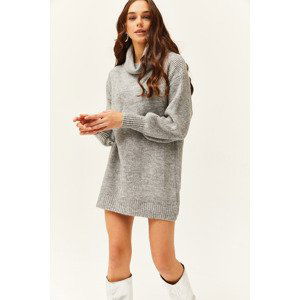 Olalook Women's Gray Clutch Collar Soft Textured Knitwear Tunic Dress