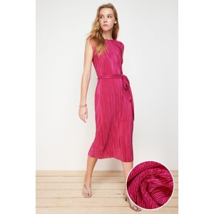 Trendyol Fuchsia Plain Padded Belted Pleated Knitted Dress