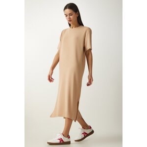 Happiness İstanbul Women's Beige Crew Neck Knitted Corduroy Dress