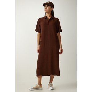 Happiness İstanbul Women's Brown Polo Neck Knitted Ribbed Dress