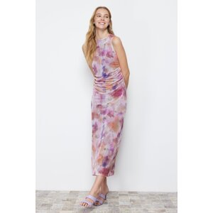 Trendyol Lilac Drape Detailed Fitted Maxi Length Tulle Knitted Maxi Dress
