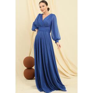 By Saygı Double Breasted Collar Sleeves Buttoned Lined Silvery Long Dress