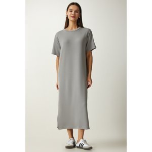 Happiness İstanbul Women's Gray Crew Neck Knitted Ribbed Dress
