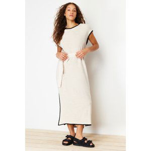 Trendyol Beige Maxi Knitwear Belted Color Block Dress