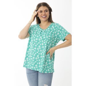 Şans Women's Plus Size Green Cotton Fabric Collar Gathered Detailed Patterned Blouse