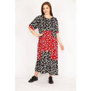 Şans Women's Black Plus Size Woven Viscose Fabric Patchwork Patterned Dress