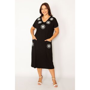 Şans Women's Plus Size Black Embroidered V Neck Viscose Dress