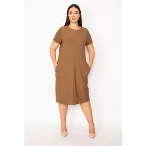 Şans Women's Plus Size Milky Brown Self Striped Pocket Dress