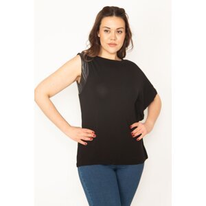 Şans Women's Plus Size Black Low-Sleeve Blouse with Faux Leather Detailed with Single Sleeves